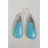 A pair of Art Nouveau style 925 silver and turquoise stone drop earrings, 2" drop