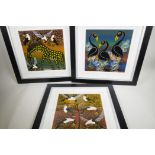 A set of three contemporary African mixed media paintings of birds and animals, two signed, 12" x