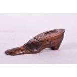 A Georgian carved wooden shoe snuff box with removable lid and pin work decoration, A/F, 5" long x
