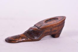 A Georgian carved wooden shoe snuff box with removable lid and pin work decoration, A/F, 5" long x