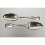 A pair of Victorian silver serving spoons, hallmarked and dated 1842, monogrammed on handle, 9"