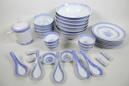 A Chinese blue and white gran de rio six piece dinner service, bowls 7" diameter, one spoon and