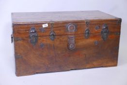 A C19th camphorwood deed chest with brass banding and locks, 19" x 33½", 16" high