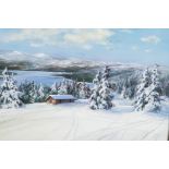 S Sampson, Swedish, Fjord in a winter landscape, watercolour, signed 23" x 15"