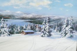 S Sampson, Swedish, Fjord in a winter landscape, watercolour, signed 23" x 15"