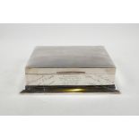 A Walker & Hall hallmarked silver cigar box with an engine turned Art Deco cover and dedications,