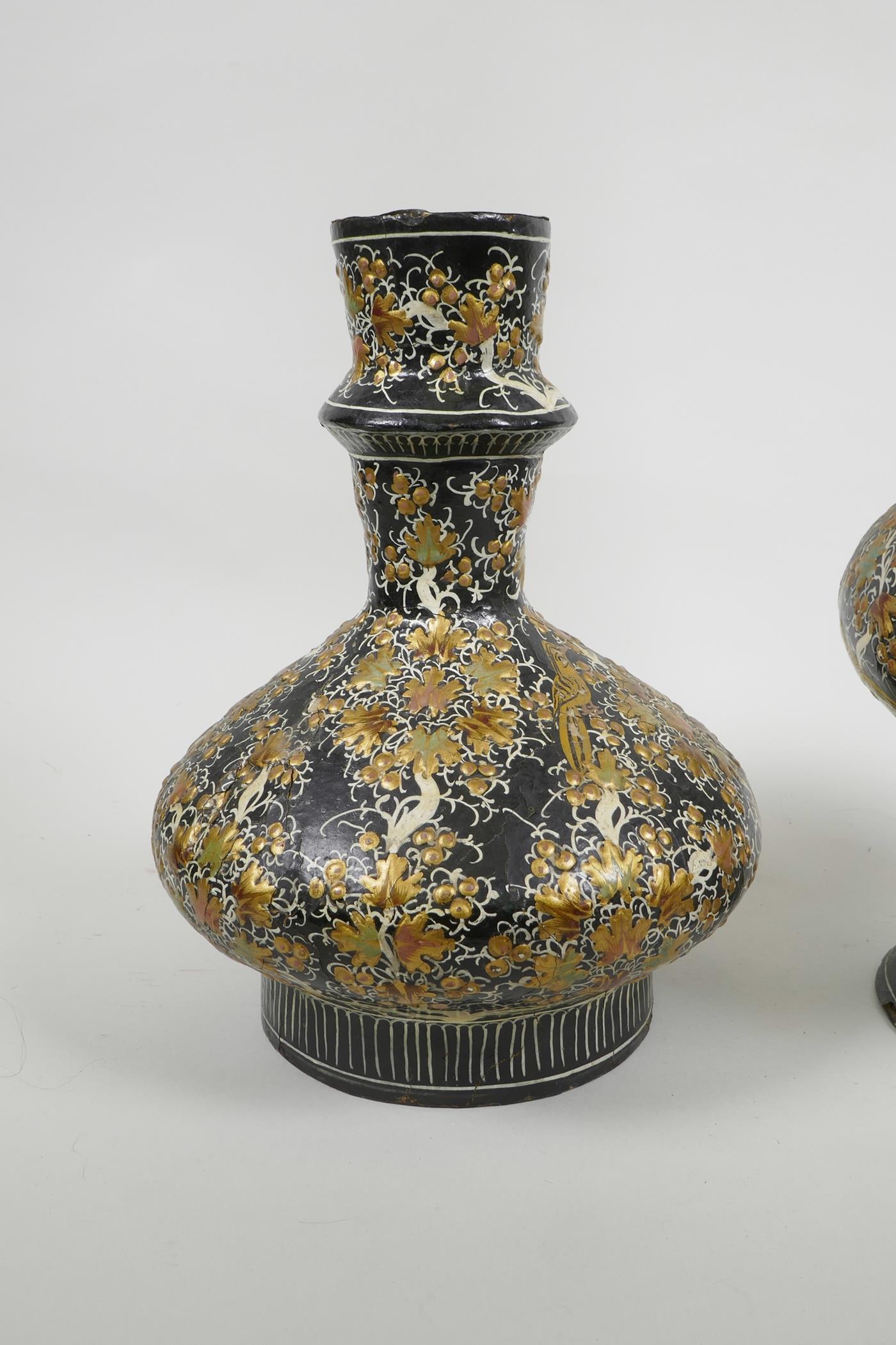 A Kashmiri papier mâché and brass hookah base, and another similar, decorated with birds amongst - Image 3 of 8
