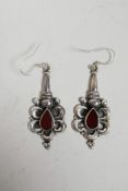 A pair of 925 silver and red stone set drop earrings, 2" drop