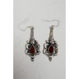 A pair of 925 silver and red stone set drop earrings, 2" drop