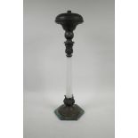 A bronze and white glass Ottoman style oil lamp base, 21½" high