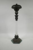 A bronze and white glass Ottoman style oil lamp base, 21½" high