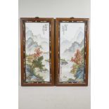 A pair of Chinese Republic porcelain panels decorated with a polychrome river landscape, mounted