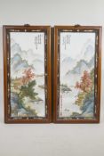 A pair of Chinese Republic porcelain panels decorated with a polychrome river landscape, mounted