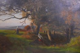 H.D. Walls, couple gathering wood in a landscape, signed, oil on canvas, 30" x 20"