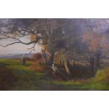 H.D. Walls, couple gathering wood in a landscape, signed, oil on canvas, 30" x 20"