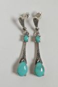 A pair of 925 silver, turquoise and marcasite set Art Deco style drop earrings, 2" drop