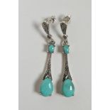 A pair of 925 silver, turquoise and marcasite set Art Deco style drop earrings, 2" drop