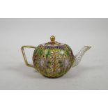 A Chinese cloisonne enamel style gourd shaped teapot, 5" long