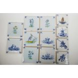 Twelve Delft tiles, hand decorated with traditional designs, eight x 5" square tiles, four x 4"