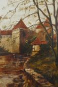 E.M.C. (British, late C19th), 'A Flemish Castle', monogrammed lower right recto, oil on canvas,