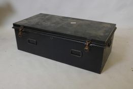 An early C20th tin deed box, 37" x 19", 12" high