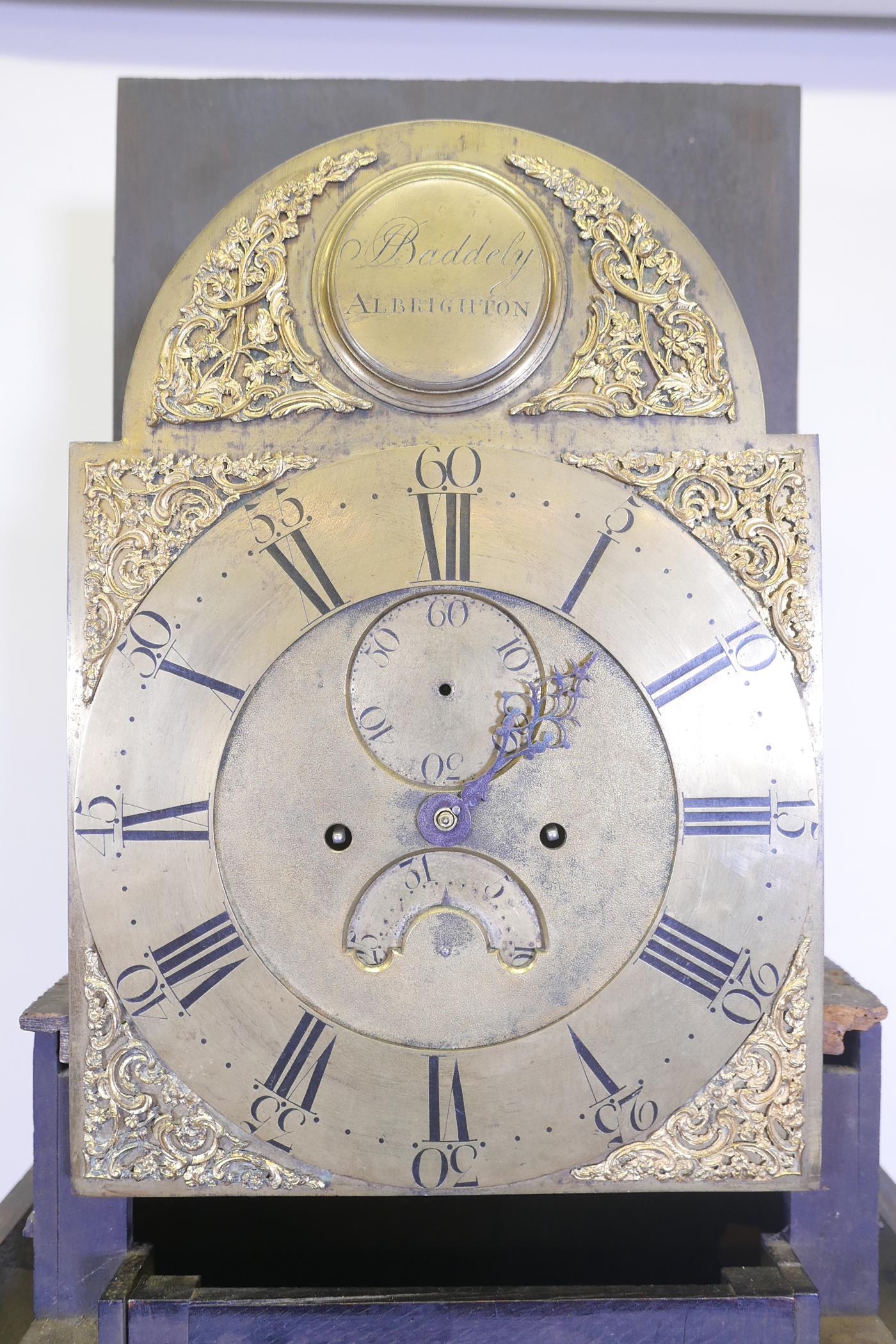 An C18th eight day long case clock with carved decoration, the brass dial with gilt spandrels, the - Image 4 of 7