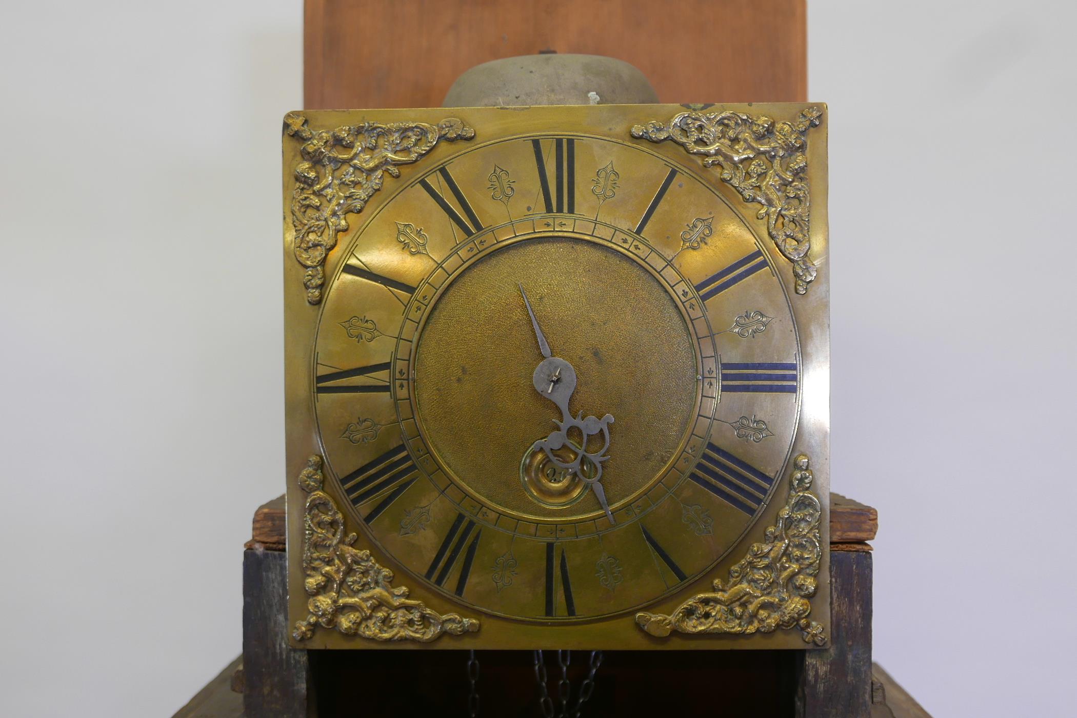 A C18th oak long case clock, the brass dial with engraved chapter ring and enamelled Roman numerals, - Image 3 of 6