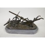 A well made bronze model of a horse drawn plough mounted on a marble plinth, 10½? long