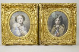 A pair of aquatints of girls in shawls, in good gilt composition frames, 7½" x 9½"