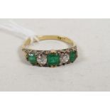 An antique 18ct gold ring, diamonds and emeralds, losses and damage to emeralds, 3.3g