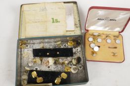 Two boxes of various cufflinks, collar studs, and a Mafeking voucher dated 1900