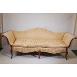 A late C18th/early C19th walnut camel back sofa with scrolled arms and carved cabriole feet, 89"