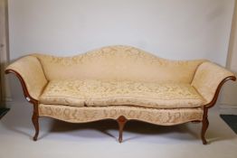 A late C18th/early C19th walnut camel back sofa with scrolled arms and carved cabriole feet, 89"