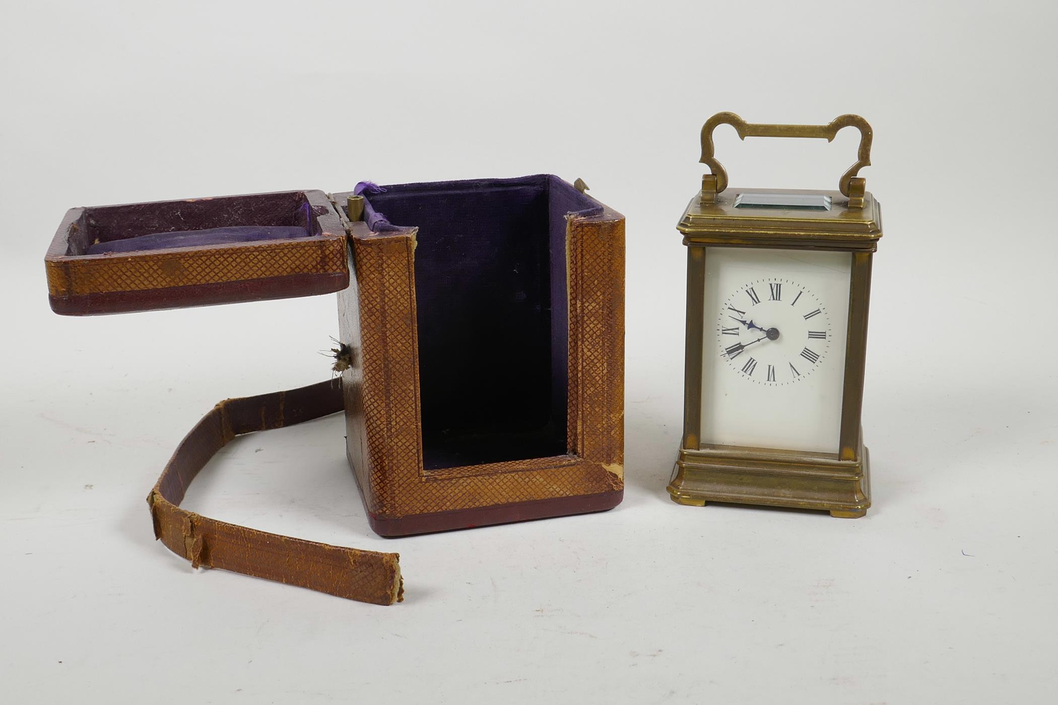 A French brass cased carriage clock and fitted travel case, crack to glass side panel, clock 3" x - Image 2 of 5