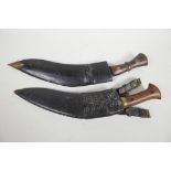Two Indian Army issue kukris in leather sheaths, one with sharpeners, 18"