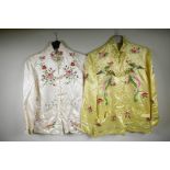 Two Chinese silk jackets, one embroidered with flowers, the other with exotic birds
