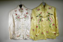 Two Chinese silk jackets, one embroidered with flowers, the other with exotic birds