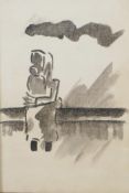 Attributed to Josef Herman, study of a seated mother and child, ink and wash, 9½" x 6½"