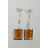 A pair of 925 silver and Baltic amber style drop earrings, 2" drop