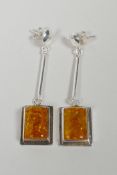 A pair of 925 silver and Baltic amber style drop earrings, 2" drop