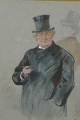 Portrait of a gentleman in a top hat, monogrammed A.B., watercolour and bodycolour, 13" x 10"