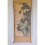 A Chinese watercolour scroll decorated with monkeys in a tree, 53½" x 26½"
