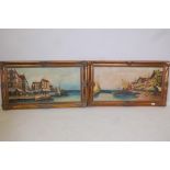 A pair of Mediterranean coastal harbour scenes, oils on canvas, 32" x 16"