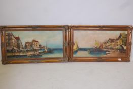 A pair of Mediterranean coastal harbour scenes, oils on canvas, 32" x 16"