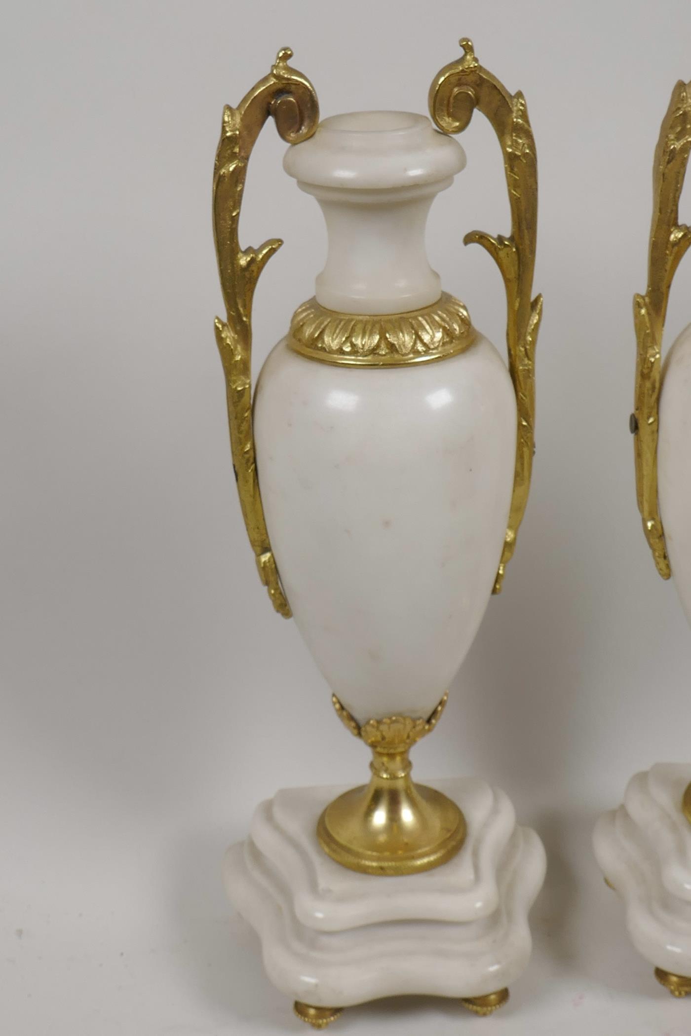 A pair of ormolu mounted white marble side urns on shaped plinth bases, 10½" high - Image 2 of 2