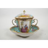 A C19th Helena Wolfsohn Dresden double handled porcelain chocolate cup, cover and saucer with the
