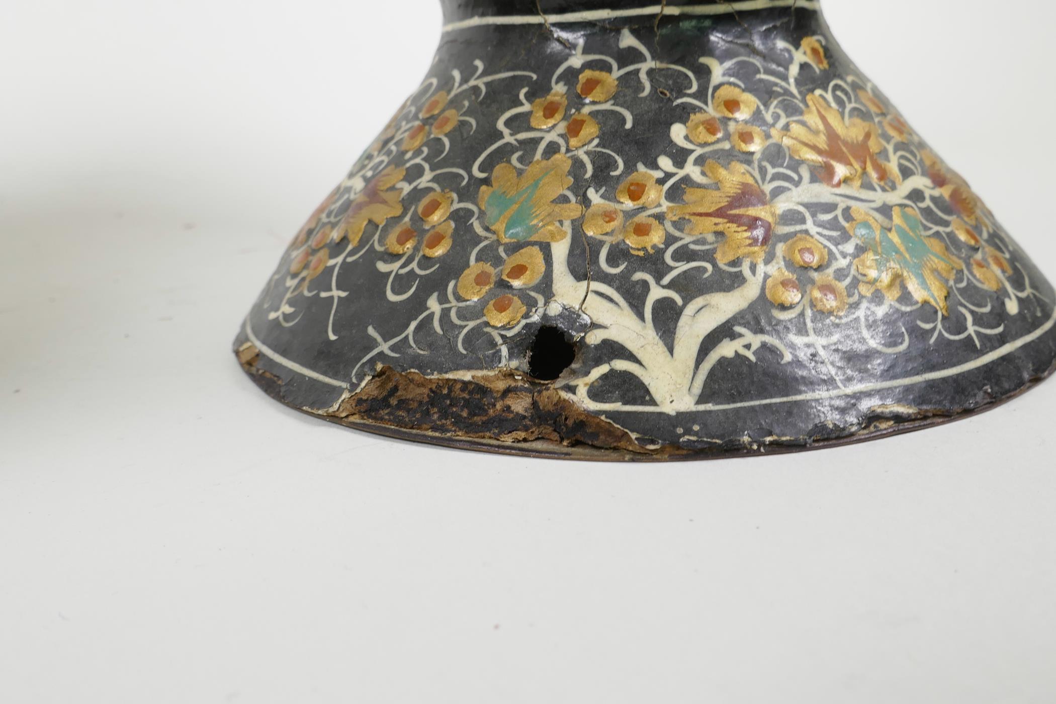 A Kashmiri papier mâché and brass hookah base, and another similar, decorated with birds amongst - Image 8 of 8