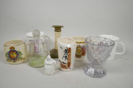 A quantity of decorative items including a brass and bone candlestick, 5½" high, antique cut glass
