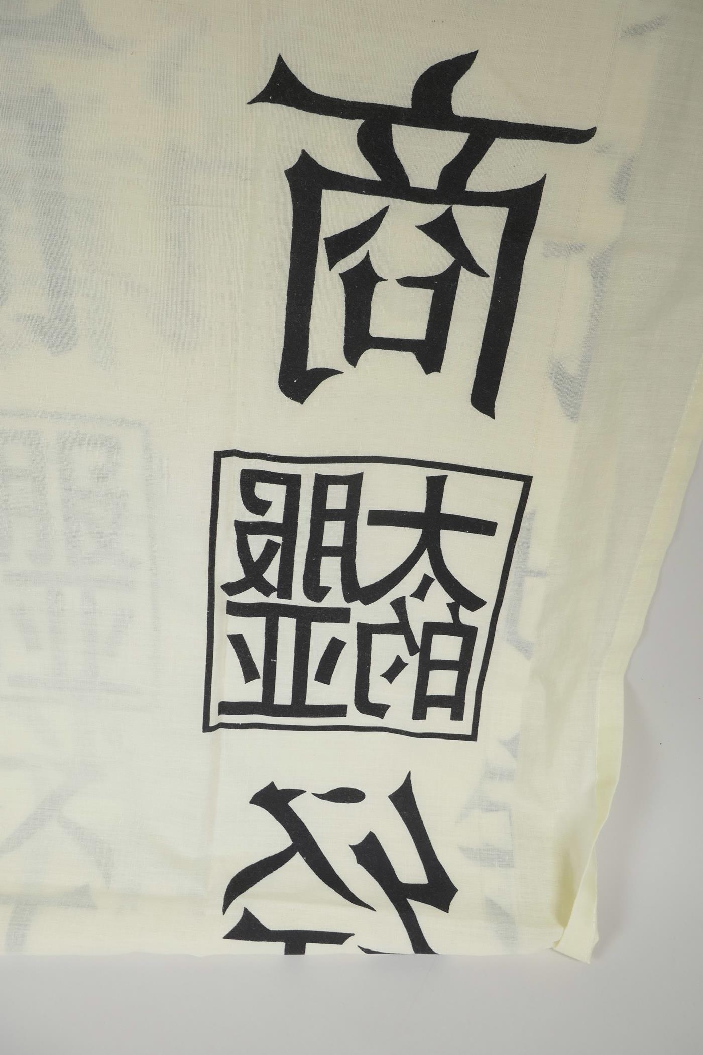 A pair of linen curtains printed with Chinese characters in black on cream, 62" wide, 53" drop - Image 2 of 2