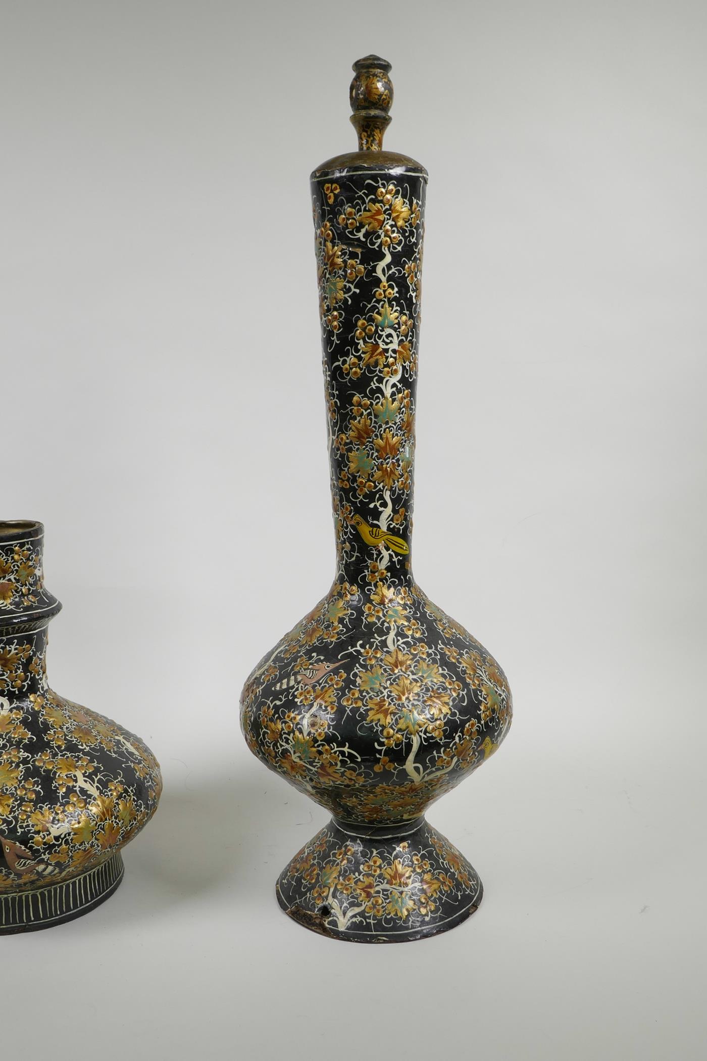 A Kashmiri papier mâché and brass hookah base, and another similar, decorated with birds amongst - Image 7 of 8